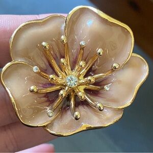 Vintage Monet Gold and Cream Flower Brooch Enamel Rhinestones